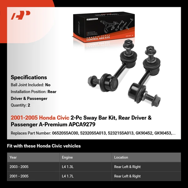 2001-2005 Honda Civic 2-Pc Sway Bar Kit, Rear Driver & Passenger A-Premium APCA9279