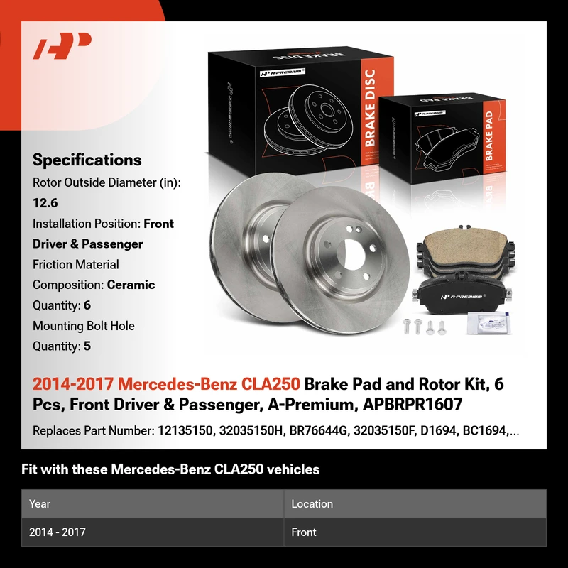 2014-2017 Mercedes-Benz CLA250 Brake Pad and Rotor Kit, 6 Pcs, Front Driver & Passenger, A-Premium, APBRPR1607