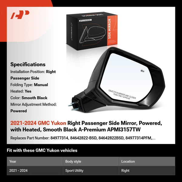2021-2024 GMC Yukon Right Passenger Side Mirror, Powered, with Heated, Smooth Black A-Premium APMI3157TW
