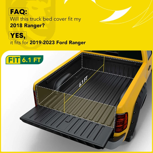 6.1 ft Bed Hard Quad Fold Tonneau Cover with Auto Locking for 2019-2023 Ford Ranger