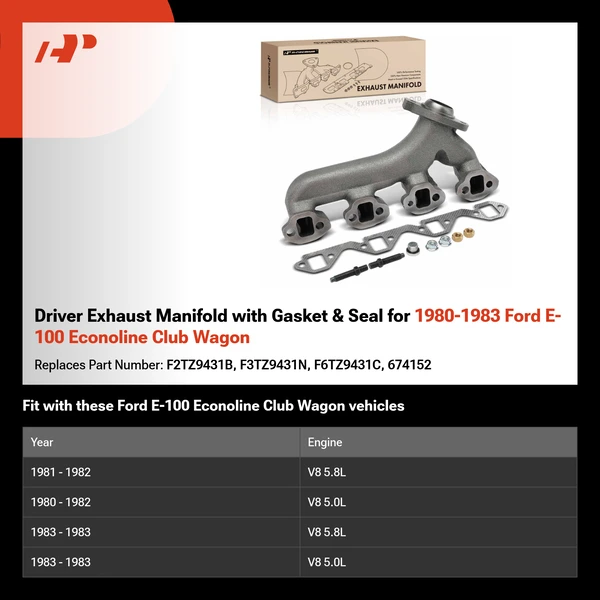 Driver Exhaust Manifold with Gasket & Seal for 1980-1983 Ford E-100 Econoline Club Wagon