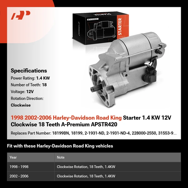 1998 2002-2006 Harley-Davidson Road King Starter 1.4 KW 12V Clockwise 18 Teeth A-Premium APSTR420