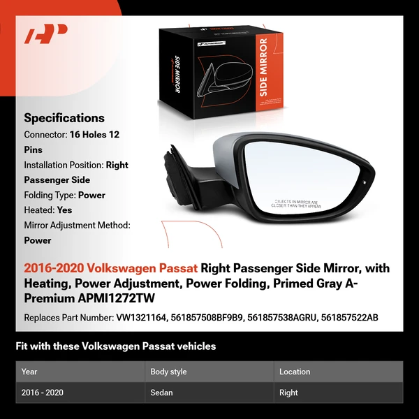 2016-2020 Volkswagen Passat Right Passenger Side Mirror, with Heating, Power Adjustment, Power Folding, Primed Gray A-Premium APMI1272TW