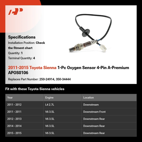 2011-2015 Toyota Sienna 1-Pc Oxygen Sensor 4-Pin A-Premium APOS0106