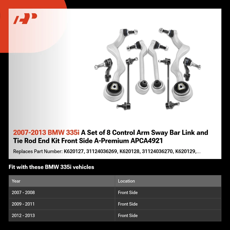 2007-2013 BMW 335i A Set of 8 Control Arm Sway Bar Link and Tie Rod End Kit Front Side A-Premium APCA4921