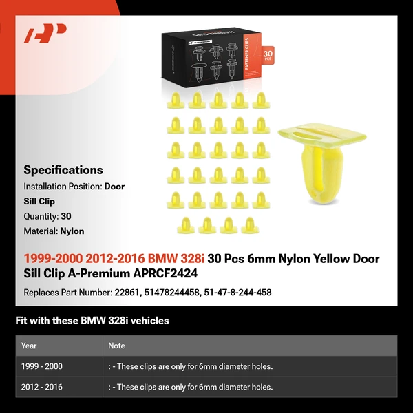 1999-2000 2012-2016 BMW 328i 30 Pcs 6mm Nylon Yellow Door Sill Clip A-Premium APRCF2424