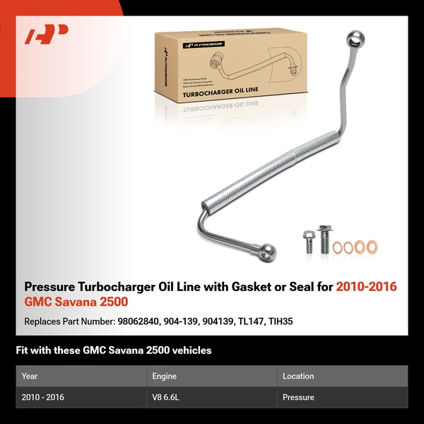 Pressure Turbocharger Oil Line with Gasket or Seal for 2010-2016 GMC Savana 2500