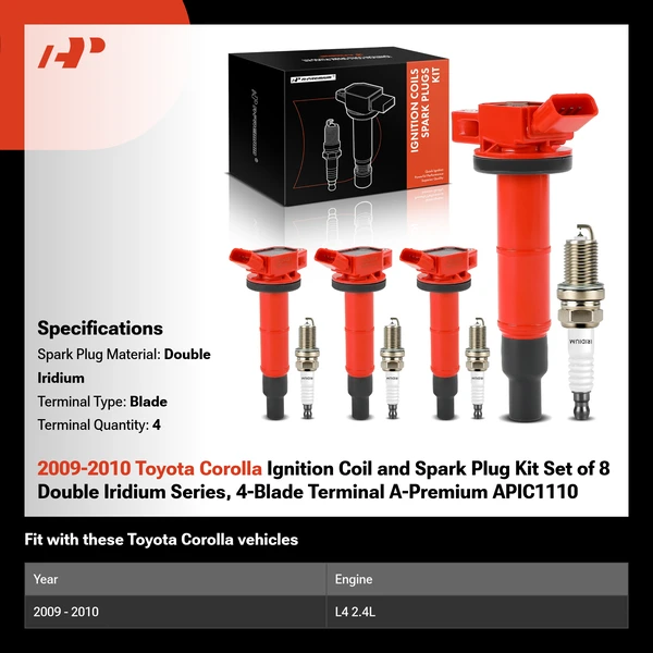 2009-2010 Toyota Corolla Ignition Coil and Spark Plug Kit Set of 8 Double Iridium Series, 4-Blade Terminal A-Premium APIC1110