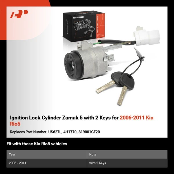 Ignition Lock Cylinder Zamak 5 with 2 Keys for 2006-2011 Kia Rio5