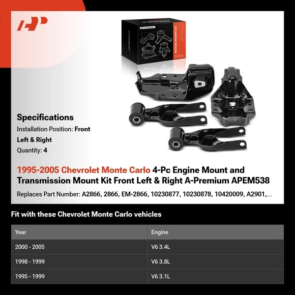 1995-2005 Chevrolet Monte Carlo 4-Pc Engine Mount and Transmission Mount Kit Front Left & Right A-Premium APEM538