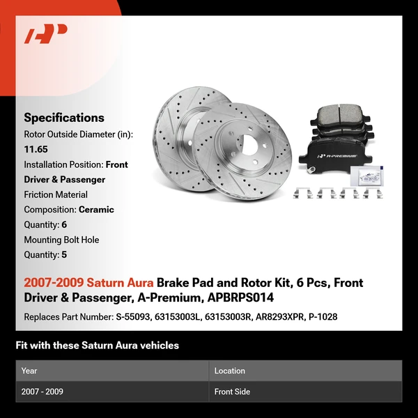 2007-2009 Saturn Aura Brake Pad and Rotor Kit, 6 Pcs, Front Driver & Passenger, A-Premium, APBRPS014