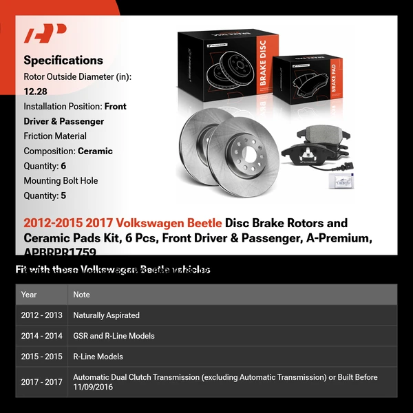 2012-2015 2017 Volkswagen Beetle Disc Brake Rotors and Ceramic Pads Kit, 6 Pcs, Front Driver & Passenger, A-Premium, APBRPR1759