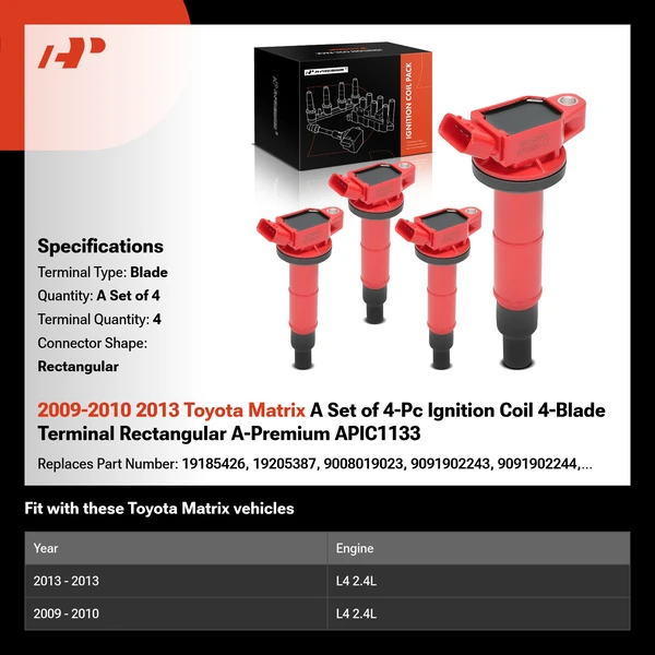 2009-2010 2013 Toyota Matrix A Set of 4-Pc Ignition Coil 4-Blade Terminal Rectangular A-Premium APIC1133
