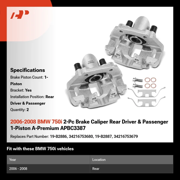 2006-2008 BMW 750i 2-Pc Brake Caliper Rear Driver & Passenger 1-Piston A-Premium APBC3387