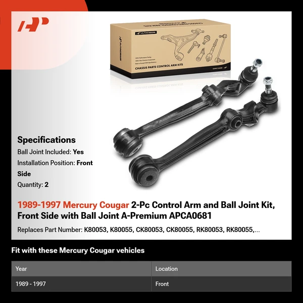 1989-1997 Mercury Cougar 2-Pc Control Arm and Ball Joint Kit, Front Side with Ball Joint A-Premium APCA0681
