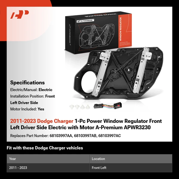 2011-2023 Dodge Charger 1-Pc Power Window Regulator Front Left Driver Side Electric with Motor A-Premium APWR3230