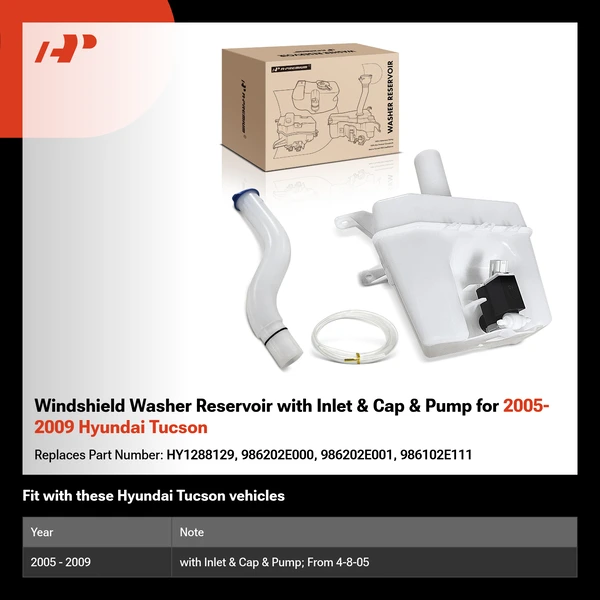 Windshield Washer Reservoir with Inlet & Cap & Pump for 2005-2009 Hyundai Tucson