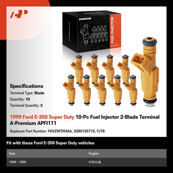 1999 Ford E-350 Super Duty 10-Pc Fuel Injector 2-Blade Terminal A-Premium APFI111