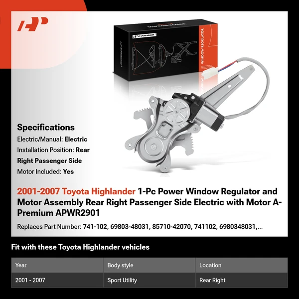 2001-2007 Toyota Highlander 1-Pc Power Window Regulator and Motor Assembly Rear Right Passenger Side Electric with Motor A-Premium APWR2901