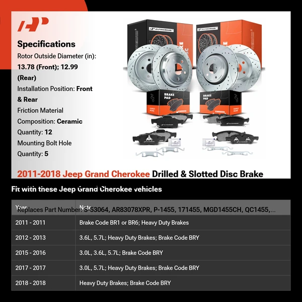 2011-2018 Jeep Grand Cherokee Drilled & Slotted Disc Brake Rotors and Ceramic Pads Kit, 12 Pcs, Front & Rear, A-Premium, APBRPS158