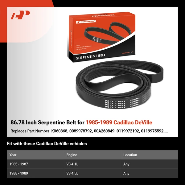 86.78 Inch Serpentine Belt for 1985-1989 Cadillac DeVille