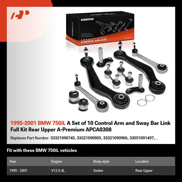 1995-2001 BMW 750iL A Set of 10 Control Arm and Sway Bar Link Full Kit Rear Upper A-Premium APCA0308
