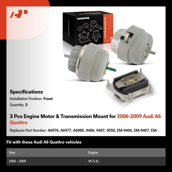 3 Pcs Engine Motor & Transmission Mount for 2006-2009 Audi A6 Quattro