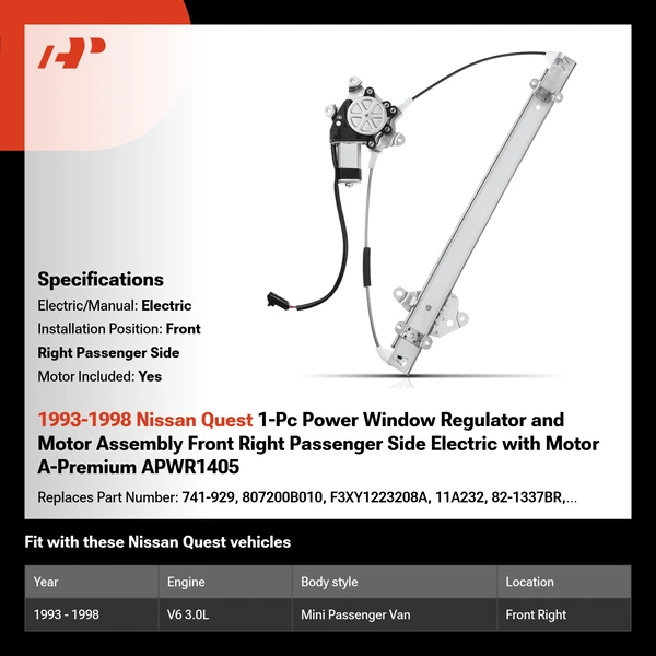 1993-1998 Nissan Quest 1-Pc Power Window Regulator and Motor Assembly Front Right Passenger Side Electric with Motor A-Premium APWR1405