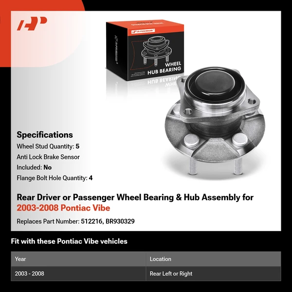 Rear Driver or Passenger Wheel Bearing & Hub Assembly for 2003-2008 Pontiac Vibe