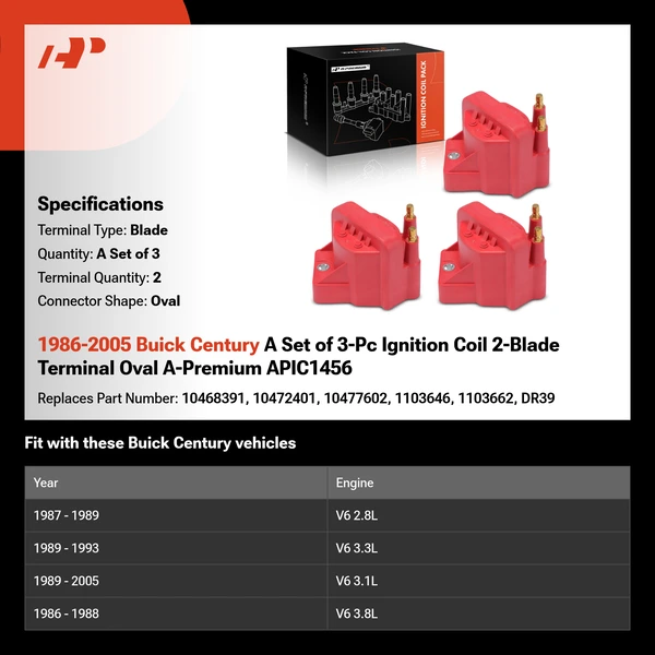 1986-2005 Buick Century A Set of 3-Pc Ignition Coil 2-Blade Terminal Oval A-Premium APIC1456