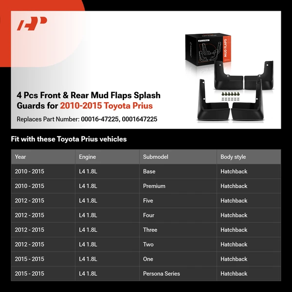 4 Pcs Front & Rear Mud Flaps Splash Guards for 2010-2015 Toyota Prius