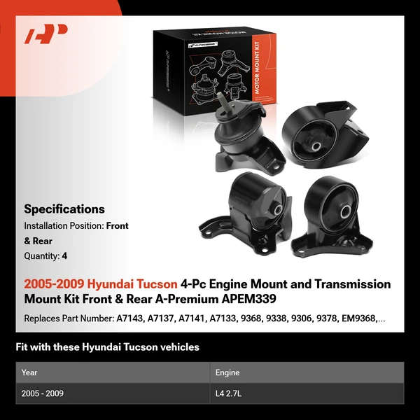 2005-2009 Hyundai Tucson 4-Pc Engine Mount and Transmission Mount Kit Front & Rear A-Premium APEM339