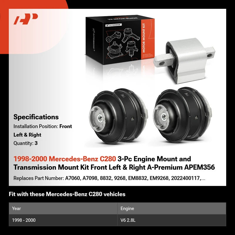 1998-2000 Mercedes-Benz C280 3-Pc Engine Mount and Transmission Mount Kit Front Left & Right A-Premium APEM356