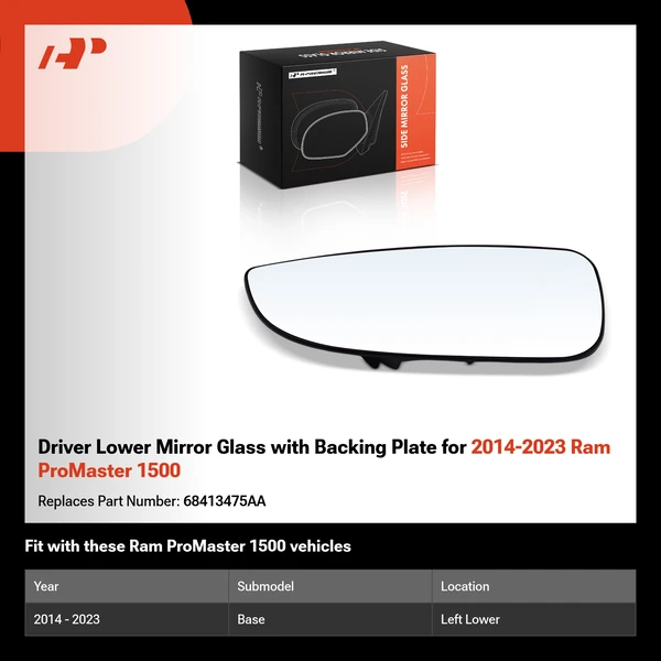 Driver Lower Mirror Glass with Backing Plate for 2014-2023 Ram ProMaster 1500