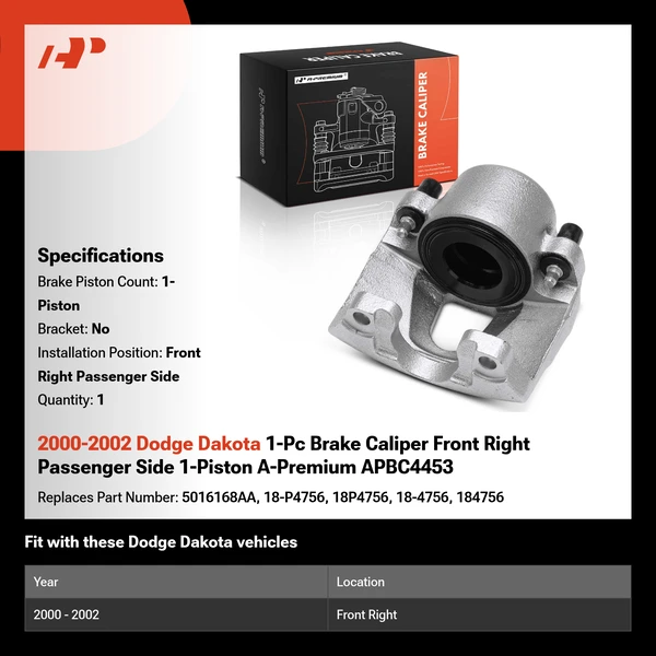 2000-2002 Dodge Dakota 1-Pc Brake Caliper Front Right Passenger Side 1-Piston A-Premium APBC4453