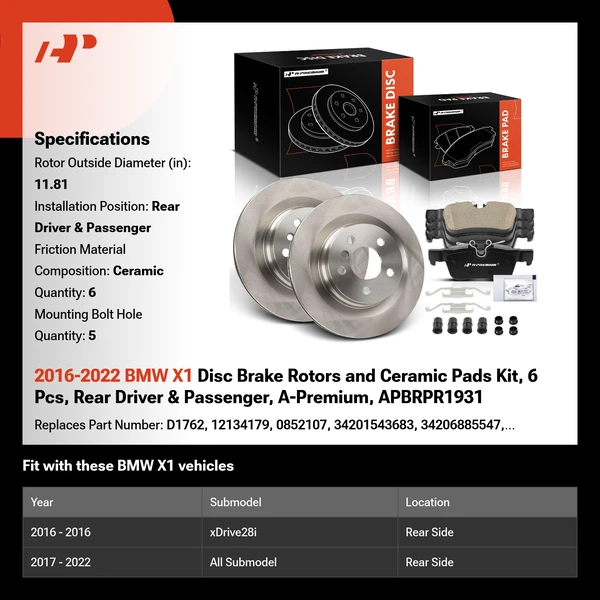 2016-2022 BMW X1 Disc Brake Rotors and Ceramic Pads Kit, 6 Pcs, Rear Driver & Passenger, A-Premium, APBRPR1931