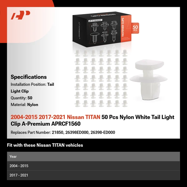 2004-2015 2017-2021 Nissan TITAN 50 Pcs Nylon White Tail Light Clip A-Premium APRCF1560