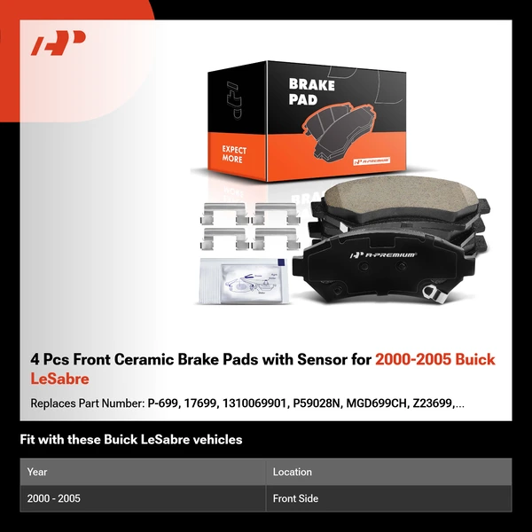 4 Pcs Front Ceramic Brake Pads with Sensor for 2000-2005 Buick LeSabre