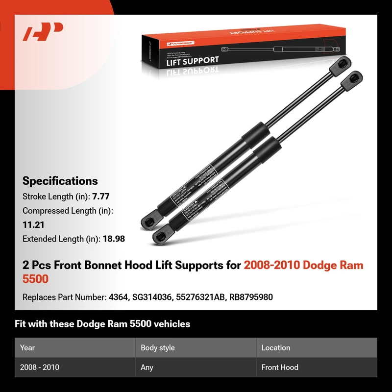 2 Pcs Front Bonnet Hood Lift Supports for 2008-2010 Dodge Ram 5500