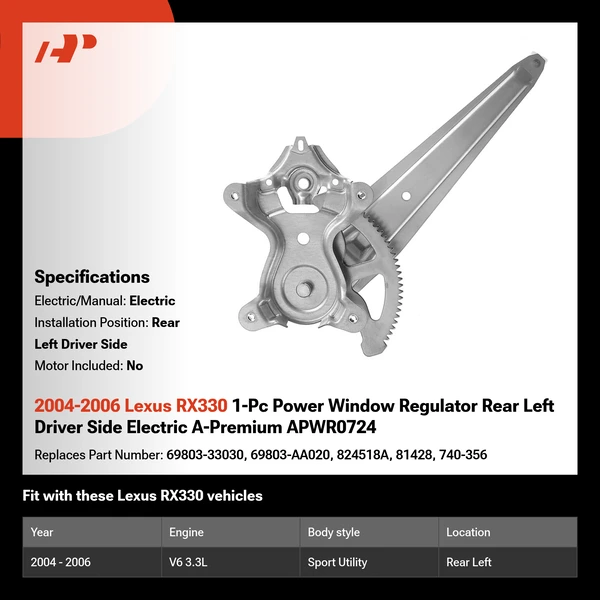 2004-2006 Lexus RX330 1-Pc Power Window Regulator Rear Left Driver Side Electric A-Premium APWR0724