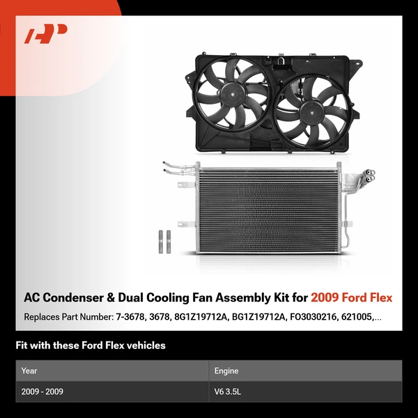 AC Condenser & Dual Cooling Fan Assembly Kit for 2009 Ford Flex