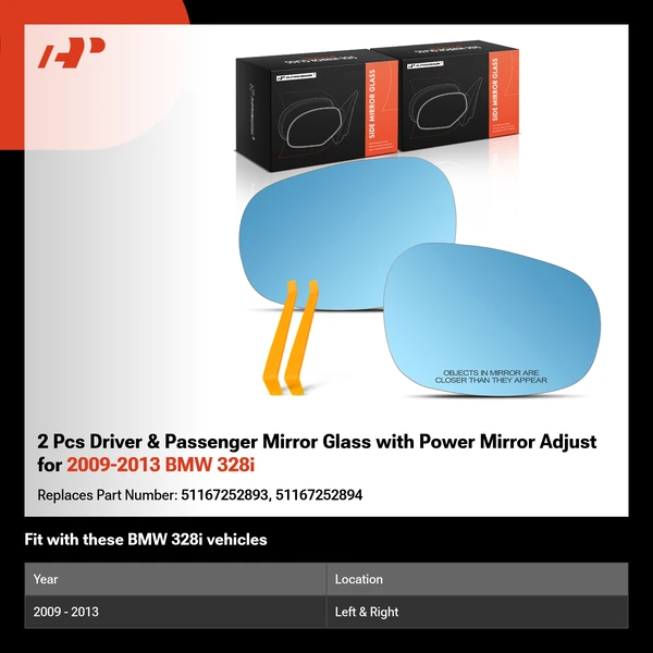 2 Pcs Driver & Passenger Mirror Glass with Power Mirror Adjust for 2009-2013 BMW 328i