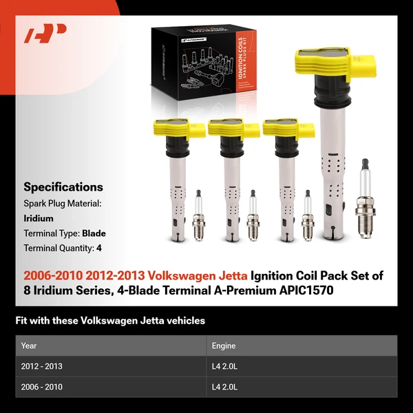 2006-2010 2012-2013 Volkswagen Jetta Ignition Coil Pack Set of 8 Iridium Series, 4-Blade Terminal A-Premium APIC1570
