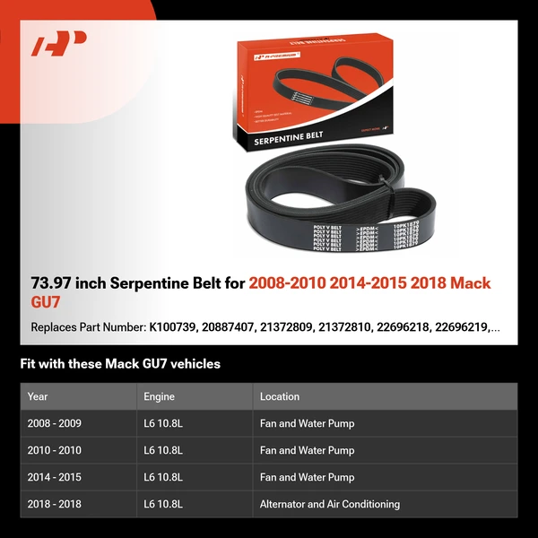 73.97 inch Serpentine Belt for 2008-2010 2014-2015 2018 Mack GU7