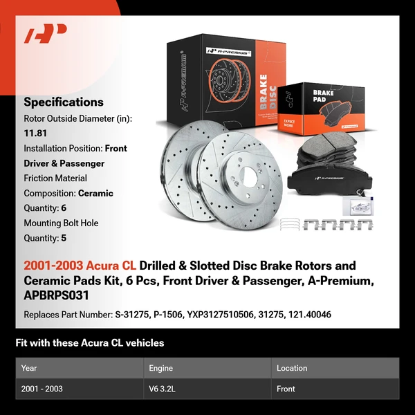 2001-2003 Acura CL Drilled & Slotted Disc Brake Rotors and Ceramic Pads Kit, 6 Pcs, Front Driver & Passenger, A-Premium, APBRPS031