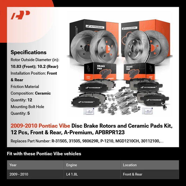 2009-2010 Pontiac Vibe Disc Brake Rotors and Ceramic Pads Kit, 12 Pcs, Front & Rear, A-Premium, APBRPR123