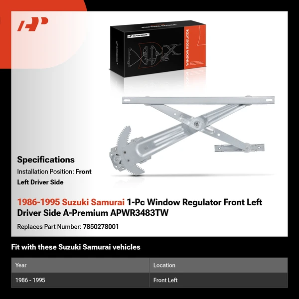 1986-1995 Suzuki Samurai 1-Pc Window Regulator Front Left Driver Side A-Premium APWR3483TW
