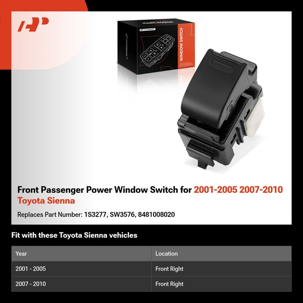 Front Passenger Power Window Switch for 2001-2005 2007-2010 Toyota Sienna