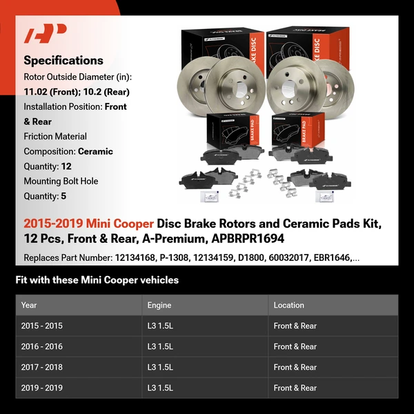 2015-2019 Mini Cooper Disc Brake Rotors and Ceramic Pads Kit, 12 Pcs, Front & Rear, A-Premium, APBRPR1694