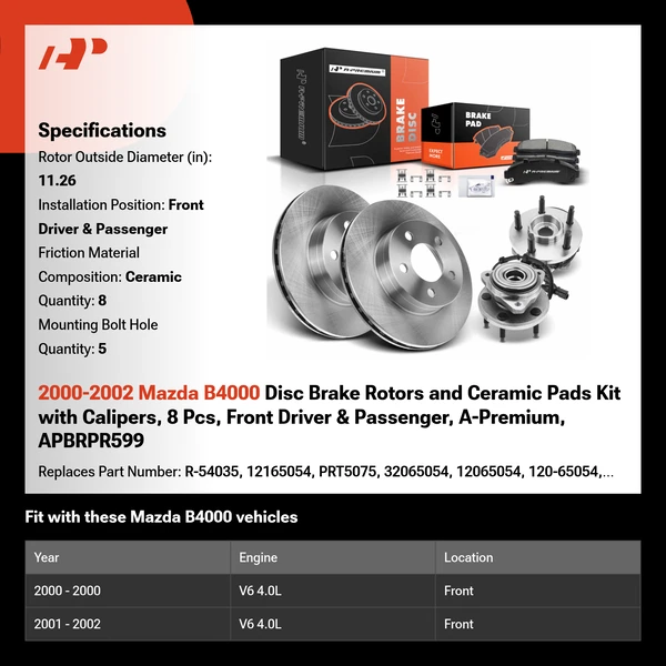 2000-2002 Mazda B4000 Disc Brake Rotors and Ceramic Pads Kit with Calipers, 8 Pcs, Front Driver & Passenger, A-Premium, APBRPR599
